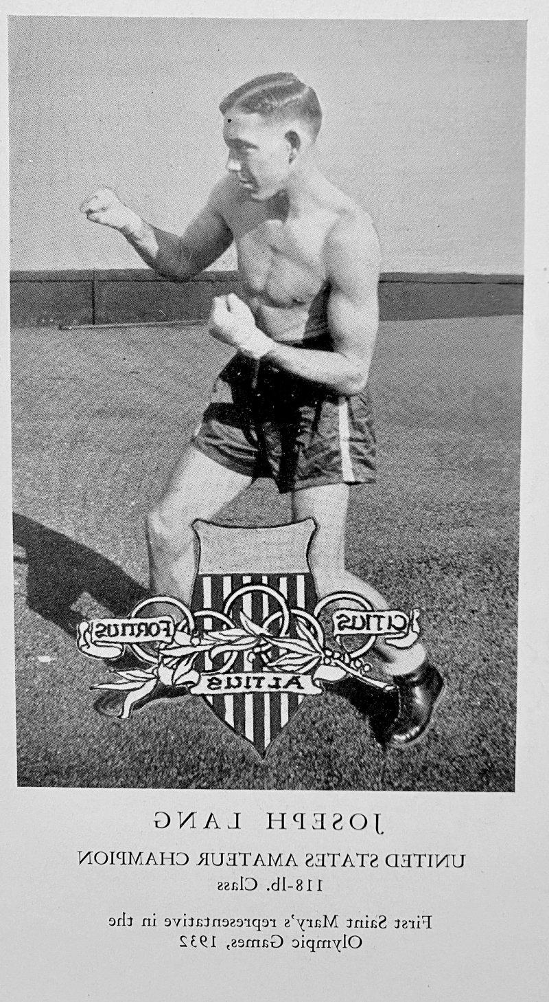 Joseph Lang in boxing attire on a field; text reads that he was the first Olympian in Saint Mary's history